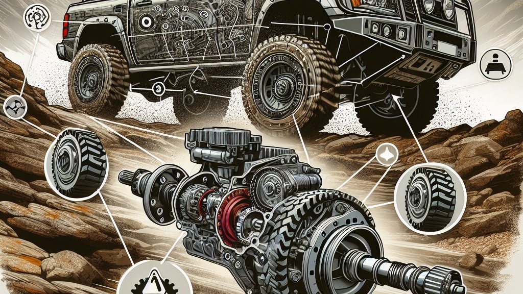 A 4-wheel drive truck carefully driving through a rugged landscape with warning icons surrounding its drivetrain, illustrating the need for proper usage to avoid damage.