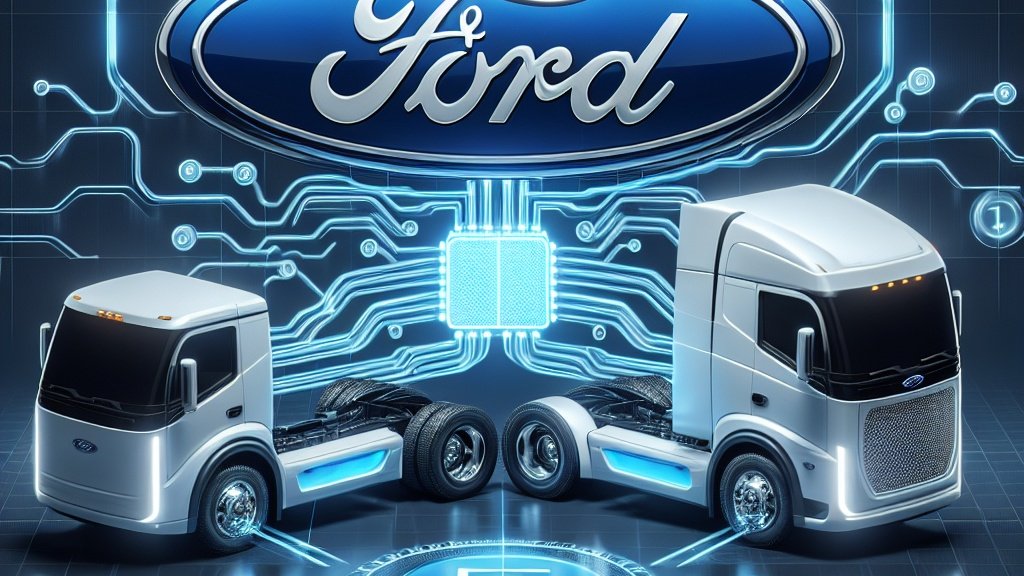 A digital illustration of the Ford logo combined with an image of a Rivian electric truck, symbolizing the strategic partnership and investment between the two companies