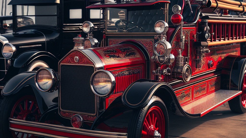 A vintage red fire truck with modern emergency lights stands out among black Model T cars, symbolizing the evolution and visibility of firefighting vehicles.
